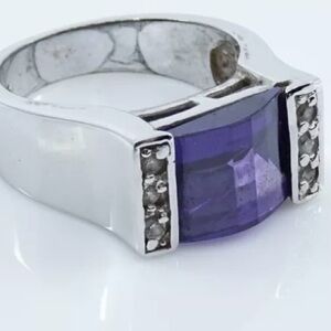Purple Statement Ring Size 7 US Faux Amethyst With Faux Diamonds Silver Tone